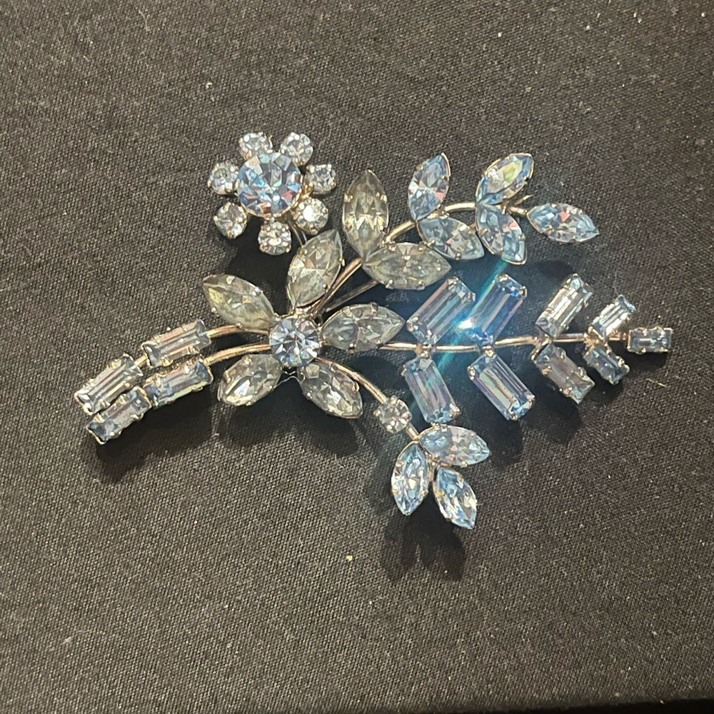 Vintage Icy Blue Rhinestone Floral Brooch Made in Austria